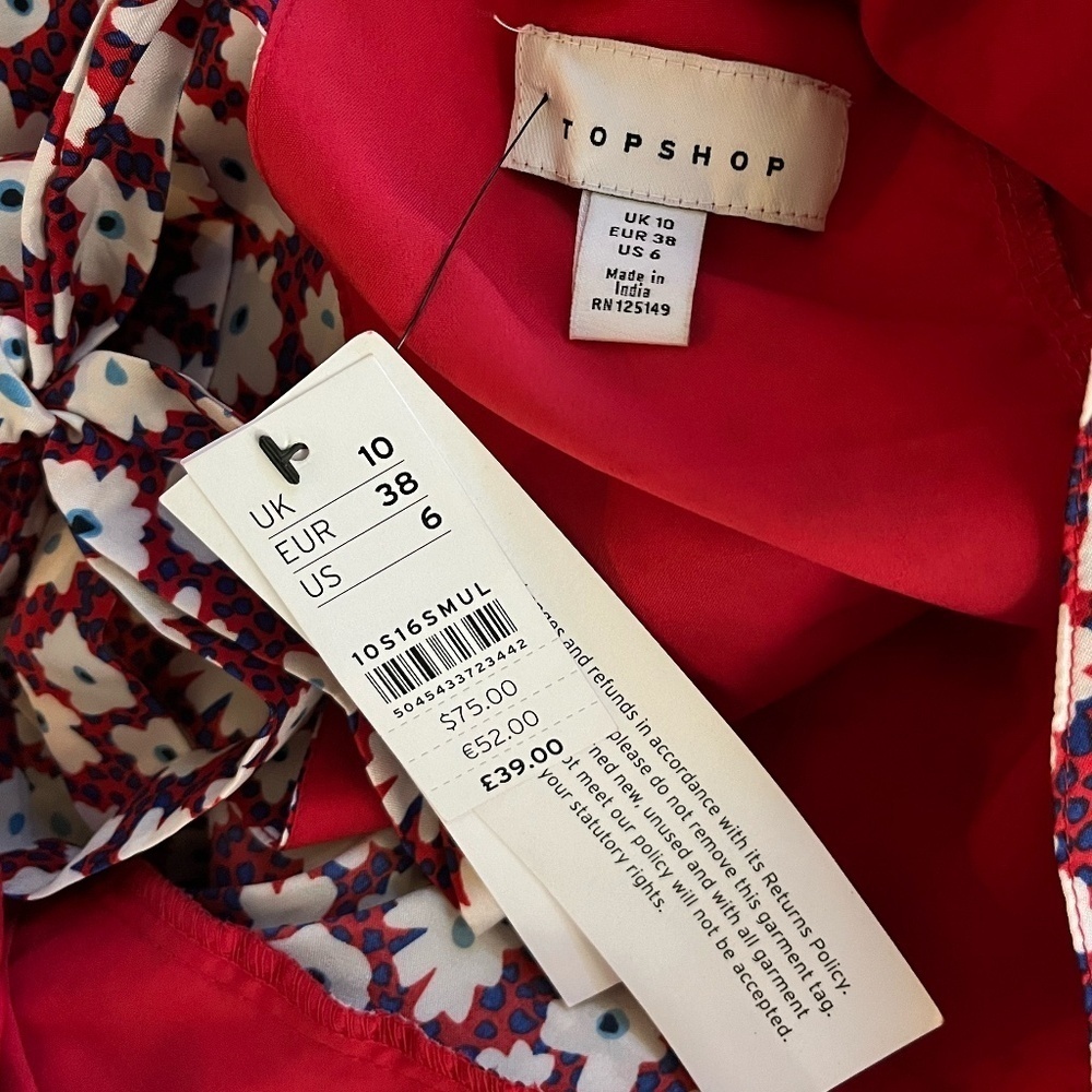 NWT TOPSHOP | Daisy Print Puff Sleeve Tie Back Midi Dress In Red Multi | Size 6 - Picture 12 of 12